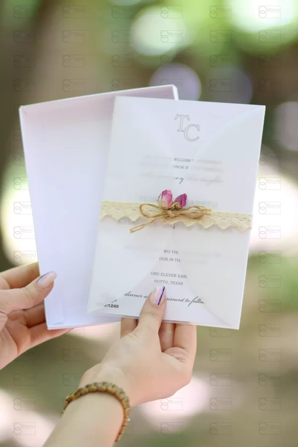 کارت عروسی جعبه ای گل خشک و نخ و تور